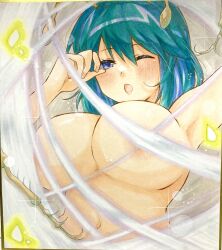  1girl absurdres alternate_breast_size antennae areola_slip blue_eyes blush breasts commentary_request completely_nude convenient_censoring green_hair highres large_breasts looking_at_viewer nude one_eye_closed open_mouth shikishi solo touhou upper_body user_xdhg7247 wriggle_nightbug 