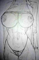  1girl abs breasts face_out_of_frame graphite_(medium) large_breasts muscular muscular_female serenitytaisen traditional_media underwear 