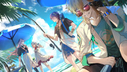  2boys 2girls adjusting_eyewear alternate_costume aventurine_(honkai:_star_rail) beach beach_umbrella black_shirt black_shorts blonde_hair blue_shorts blue_sky bottle bracelet cloud commentary day dr._ratio_(honkai:_star_rail) dress dutch_angle english_commentary feet_out_of_frame fishing_rod floating_hair gloves green_shirt grin hair_ornament highres holding holding_fishing_rod honkai:_star_rail honkai_(series) jacket jade_(honkai:_star_rail) jewelry long_hair looking_at_viewer multicolored_hair multiple_boys multiple_girls necklace one_eye_closed open_clothes open_jacket outdoors palm_tree purple_eyes purple_hair red-tinted_eyewear red_eyes red_streaks seo2_aventurine shirt short_hair shorts single_glove sitting skirt sky smile standing streaked_hair sunglasses table tiered_tray tinted_eyewear topaz_(honkai:_star_rail) tree umbrella water white_dress white_hair white_jacket white_skirt wine_bottle 