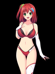  1girl bikini black_background breasts cleavage dolphin_hair_ornament dolphin_wave fingerless_gloves gloves green_eyes hand_on_breasts navel open_mouth red_bikini red_hair sakimiya_iruka sakurai_ronoyuki side_ponytail single_thighhigh solo swimsuit thighhighs  rating:Questionable score:17 user:SwitchOledDX
