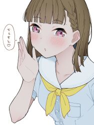  1girl black_bow blue_dress blush bow braid breast_pocket breasts brown_hair center-flap_bangs chesto_(phrase) collarbone commentary dress hair_bow hashtag-only_commentary hasu_no_sora_school_uniform heart highres kachimachi_kosuzu link!_like!_love_live! liz_(piyoko_piyop) long_hair looking_at_viewer love_live! medium_breasts neckerchief pink_eyes pocket sailor_collar sailor_dress school_uniform side_braids simple_background solo speech_bubble spoken_heart summer_uniform upper_body virtual_youtuber whispering white_background white_sailor_collar yellow_neckerchief 