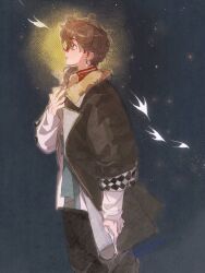  1boy a_xing black_pants brown_eyes brown_hair coat cowboy_shot dagger dark_background earrings full_body grey_coat hand_up highres holding holding_dagger holding_knife holding_weapon jewelry knife looking_ahead low_ponytail male_focus medium_hair name_day_(reverse:1999) pants ponytail profile reverse:1999 shirt simple_bird solo weapon white_shirt 