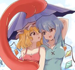 2girls alternate_costume blonde_hair blue_eyes blue_hair breasts crystal_wings dr._addamelech embodiment_of_scarlet_devil flandre_scarlet hair_between_eyes hand_up highres holding holding_umbrella karakasa_obake multiple_girls open_mouth purple_umbrella red_eyes shirt short_hair smile tatara_kogasa touhou umbrella undefined_fantastic_object upper_body wings 