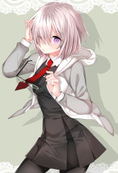  1girl bad_id bad_pixiv_id black_pantyhose blush dress fate/grand_order fate_(series) female_focus glasses hair_over_one_eye hand_in_own_hair holding holding_removed_eyewear hood hoodie lace_background mash_kyrielight necktie one_eye_closed osapero_shogun_ichigo pantyhose purple_eyes purple_hair red_necktie short_dress short_hair solo unworn_eyewear  rating:Sensitive score:1 user:Deusexcalamus