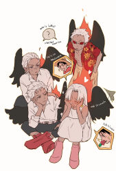  1girl 3boys absurdres black_shorts black_wings blush boots chamsut0905 commentary_request dark-skinned_female dark-skinned_male dark_skin dress floral_print flower heart highres korean_commentary long_hair monkey_d._luffy multiple_boys one_piece pink_boots rose s-crocodile s-flamingo s-hawk s-snake seraphim_(one_piece) short_hair short_sleeves shorts simple_background sitting stitched_face stitches sunglasses sweatdrop white_background white_dress white_hair wings 