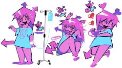  blush colored_skin cuttlefishfan38 deformed deltarune heart intravenous_drip personification pink_hair pink_skin shirt slippers standing t-shirt virovirokun 