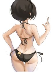  1girl aged_up ass avatar:_the_last_airbender avatar_legends back bare_shoulders bikini black_bikini black_hair facing_away from_behind hand_on_own_hip highres index_finger_raised nickelodeon rakeemspoon short_hair side-tie_bikini_bottom simple_background sketch solo swimsuit thigh_gap toph_beifong white_background  rating:Sensitive score:234 user:danbooru