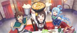  +_+ 1boy 2girls ;d aqua_(konosuba) armpit_crease arms_up beer_mug belt belt_buckle black_cloak black_pants black_skirt blue_eyes blue_hair blue_shirt blue_skirt boots bow bowl bowtie breasts brick_wall brown_belt brown_hair buckle cape carpet chair child clenched_hand cloak collar collared_shirt cup curtains detached_sleeves dress_shirt drooling food from_above game_cg green_bow green_bowtie green_cape green_eyes hair_between_eyes hair_ornament hair_rings hair_tie hairpin highres holding holding_bowl holding_cup indoors komekko kono_subarashii_sekai_ni_shukufuku_wo! konosuba!_fantastic_days large_breasts long_hair long_sleeves looking_up miniskirt mouth_drool mug multiple_girls official_art on_chair one_eye_closed open_mouth pants patchwork_clothes pleated_skirt red_eyes red_ribbon ribbon satou_kazuma shirt short_hair short_twintails sidelocks single_hair_ring skirt sleeveless sleeveless_shirt smile sparkle standing standing_on_chair star_(symbol) star_hair_ornament suspender_skirt suspenders table thigh_boots thighhighs twintails white_collar white_shirt white_sleeves white_thighhighs wispy_bangs zettai_ryouiki 