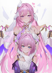  2girls absurdres arms_around_neck bare_shoulders blue_eyes breasts closed_mouth commentary_request cyrene_(honkai:_star_rail) diamond-shaped_pupils diamond_(shape) dress elysia_(herrscher_of_human:_ego)_(honkai_impact) elysia_(honkai_impact) gloves heart highres honkai:_star_rail honkai_(series) honkai_impact_3rd in-franchise_crossover inoue_marina large_breasts light_blush long_hair looking_at_viewer medium_hair miya-chan_(lightning0730) multiple_girls parted_lips pink_hair pink_pupils purple_eyes short_hair smile symbol-shaped_pupils veil very_long_hair voice_actor_connection white_background white_dress white_gloves white_veil yanning 