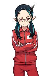  1girl nanashi_inc. bespectacled black_hair blue_hair closed_mouth commentary_request cosplay cowboy_shot crossed_arms demon_girl demon_horns expressionless fang fang_out flat_chest glasses gokusen heebee highres horns jacket long_hair looking_at_viewer low_twintails multicolored_hair pants pointy_ears red_eyes red_jacket red_pants shishio_chris simple_background solo sugar_lyric track_jacket track_pants twintails two-tone_hair virtual_youtuber white_background yamaguchi_kumiko yamaguchi_kumiko_(cosplay) 