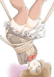  1girl akara_kai bdsm blazer blush bondage bound bound_arms bound_torso bow bowtie brown_hair brown_jacket brown_skirt cardigan green_eyes hair_ornament hairclip highres jacket kantai_collection kumano_(kancolle) kumano_kai_ni_(kancolle) long_hair open_mouth panties pleated_skirt ponytail red_bow red_bowtie restrained rope school_uniform skirt solo surprised thighhighs underwear upside-down white_panties 