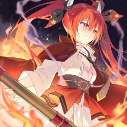 1girl black_background black_necktie breasts date_a_live fire highres horns itsuka_kotori large_breasts looking_at_viewer necktie red_eyes red_hair shirt solo twintails white_horns white_shirt yunweishukuang rating:Sensitive score:4 user:danbooru