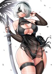  1girl 2b_(nier:automata) 2b_(yorha_unofficial_waterfront_gear)_(nikke) absurdres black_bridal_gauntlets black_hairband black_one-piece_swimsuit blindfold breasts bridal_gauntlets commentary english_commentary garter_straps goddess_of_victory:_nikke hairband highres holding holding_sword holding_weapon katou_shinobu large_breasts mole mole_under_mouth navel nier:automata nier_(series) official_alternate_costume one-piece_swimsuit pelvic_curtain see-through_clothes see-through_pelvic_curtain short_hair skindentation solo standing swimsuit sword weapon white_hair 
