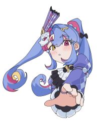 1girl absurdres black_collar blue_hair blush collar commentary eye_mask heterochromia highres jewelry looking_at_viewer mask mask_on_head multicolored_hair multiple_rings outstretched_arms parted_lips pink_hair ring roccia_(wuthering_waves) simple_background solo symbol-shaped_pupils two-tone_hair white_background wuthering_waves x-shaped_pupils yonyanyon 