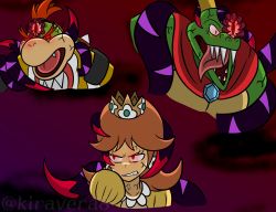 alternate_eye_color angry blonde_hair blue_fur bowser_jr. brown_hair cape corruption crossover crown dark_persona dharkon donkey_kong_(series) donkey_kong_country fangs glowing glowing_eyes hal_laboratory highres king_k._rool kiravera8 long_hair looking_at_viewer looking_to_the_side mario_(series) nintendo open_mouth pointy_ears possessed possession princess_daisy rareware red_eyes sharp_teeth short_hair slit_pupils super_mario_land super_mario_sunshine super_smash_bros. teeth tentacles tongue tongue_out veins rating:Sensitive score:8 user:danbooru