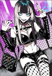  1girl :d aqua_eyes bag belt black_choker black_hair black_nails black_shorts black_sleeves blunt_bangs bra breasts chain-link_fence choker cleavage commentary commission crop_top cross cross_necklace detached_sleeves dizzle english_commentary female_pubic_hair fence fingernails fishnet_thighhighs fishnets goth_fashion grey_hair handbag hands_up highleg highleg_panties highres hime_cut hololive hololive_dev_is jewelry juufuutei_raden lace lace-trimmed_bra lace_trim long_fingernails long_hair long_sidelocks looking_at_viewer medium_breasts micro_shorts midriff multicolored_hair nail_polish navel necklace open_mouth panties panty_straps pubic_hair pubic_hair_peek shorts sidelocks sitting smile solo straight_hair streaked_hair thigh_belt thigh_strap thighhighs two-tone_hair underwear virtual_youtuber zipper_top 