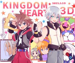  5boys belt black_belt black_gloves black_jacket blue_belt blue_eyes blue_pants blush blush_stickers brown_hair chain chain_necklace clenched_hand commentary_request copyright_name dark-skinned_male dark_skin dated fingerless_gloves gloves green_eyes grey_eyes grey_hair grey_shirt hand_up happy headphones high_collar highres holding holding_weapon hood hood_down hooded_jacket jacket jewelry keyblade kingdom_hearts kingdom_hearts_3d_dream_drop_distance kiryu_yoshiya koumori_bat multiple_boys necklace open_clothes open_jacket open_mouth orange_hair over_shoulder pants parted_bangs pendant pointy_ears red_pants riku_(kingdom_hearts) sakuraba_neku shirt short_hair smile sora_(kingdom_hearts) spiked_hair star_(symbol) subarashiki_kono_sekai upper_body vest weapon weapon_over_shoulder wondernyan_(kingdom_hearts) xehanort yataba 