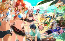  6+boys 6+girls :3 :o ^^^ absurdres ahoge ajaw_(genshin_impact) aqua_hair aqua_shirt bare_shoulders beach bennett_(adventures_in_blazing_hue)_(genshin_impact) bennett_(genshin_impact) black_gloves black_headband black_one-piece_swimsuit black_pants black_skirt blank_eyes blonde_hair blue_hoodie blue_pants blush bottle braid breasts cacucu chasca_(genshin_impact) citlali_(genshin_impact) cleavage colored_inner_hair commentary_request cow_girl cow_horns cup dark-skinned_female dark_skin day drinking earrings eating fingerless_gloves fingernails floating floating_headgear flower frilled_skirt frills full-face_blush genshin_impact gloves green_eyes green_shorts hair_between_eyes hair_flower hair_ornament hands_up headband headgear highres holding holding_bottle holding_cup holding_skewer hood hood_down hood_up hoodie horns iansan_(genshin_impact) ifa_(genshin_impact) itsumono_katze jewelry kachina_(genshin_impact) kinich_(genshin_impact) large_breasts lips long_hair looking_at_another lying mavuika_(genshin_impact) medium_breasts mualani_(genshin_impact) multicolored_hair multiple_boys multiple_girls navel notice_lines on_back one-piece_swimsuit open_clothes open_mouth open_shirt orange_innertube ororon_(genshin_impact) outdoors pants pink_hair plate pointy_ears purple_eyes red_eyes red_flower red_hair saliva shirt shoes shorts single_fingerless_glove sitting skewer skirt spilling squiggle standing stomach swimsuit symbol-shaped_pupils thigh_strap towel twin_braids varesa_(genshin_impact) venti_(genshin_impact) very_long_hair water white_hair xilonen_(genshin_impact) yellow_skirt 