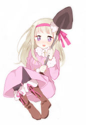  1girl axis_powers_hetalia blonde_hair boots coat female_focus gender_request genderswap hairband happy long_coat long_hair looking_at_viewer purple_eyes russia_(hetalia) shovel simple_background smile solo white_background worktool  rating:Sensitive score:6 user:biibii801