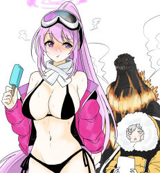  2girls bikini black_bikini blue_archive breasts burning_godzilla crossover down_jacket eimi_(blue_archive) eimi_(swimsuit)_(blue_archive) food godzilla godzilla_(series) godzilla_vs._destoroyah goggles goggles_on_head halo highres himari_(winter)_(blue_archive) holding holding_food holding_ice_cream hood hood_up ibuki_(tulta_icon) ice_cream jacket large_breasts long_hair multiple_girls navel official_alternate_costume open_clothes open_jacket padded_jacket pink_hair pink_halo pink_jacket ponytail scarf side-tie_bikini_bottom ski_goggles swimsuit trait_connection very_long_hair white_hair white_scarf yellow_jacket 
