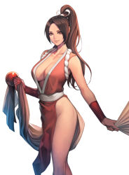  1girl arm_guards ass bare_shoulders breasts brown_eyes brown_hair cleavage fatal_fury folded_fan folding_fan hand_fan high_ponytail highres holding holding_fan japanese_clothes large_breasts lips long_hair looking_at_viewer ninja oda_non pelvic_curtain ponytail revealing_clothes rope shiranui_mai simple_background smile snk solo the_king_of_fighters thighs  rating:Sensitive score:34 user:danbooru