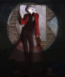  1other 2boys black_pants black_shirt black_shoes brick_wall cigarette closed_eyes coat commentary english_commentary english_text full_body grey_hair gun hair_between_eyes highres holding holding_cigarette male_focus medium_hair multiple_boys original pants red_coat scar scar_on_face scar_on_mouth shirt shoes smile smoke solo_focus spotlight ven0305 weapon zipper zipper_pull_tab 
