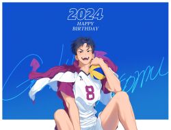  1boy 8k_oxo7410 absurdres arm_up ball black_hair border commentary dated english_text feet_out_of_frame floating_clothes goshiki_tsutomu grey_eyes haikyuu!! happy_birthday hashtag-only_commentary highres holding holding_ball jacket jacket_on_shoulders male_focus multicolored_jacket multicolored_shorts open_mouth outside_border shiratorizawa_volleyball_uniform short_hair short_sleeves shorts sitting solo sportswear teeth track_jacket v-neck volleyball_(object) volleyball_uniform white_border 
