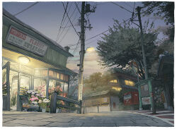  architecture blue_flower bollard building bulletin_board bush ceiling_light city_lights cityscape cloud commentary east_asian_architecture english_commentary english_text evening fence florist flower foliage gom_jabbar gradient_sky lamppost newspaper_box no_humans open_door original outdoors photoshop_(medium) pink_flower plant potted_plant power_lines procreate_(medium) purple_flower road scenery sett sidewalk sign sky street tile_roof traffic_mirror transformer tree utility_pole white_flower window 
