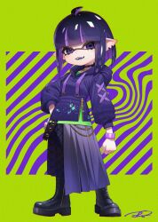 1girl ahoge black_boots black_choker boots bracelet choker colored_tongue commentary cross cross-laced_clothes cross-laced_sleeves cross_necklace drawstring ear_piercing fangs film_grain full_body green_shirt hand_on_own_hip highres hood hood_down hooded_jacket inkling inkling_girl inkling_player_character jacket jewelry long_sleeves looking_at_viewer medium_hair necklace nintendo open_mouth piercing pointy_ears puchiman purple_eyes purple_hair purple_jacket purple_skirt purple_tongue shirt signature skirt smile solo splatoon_(series) symbol-only_commentary tentacle_hair zipper zipper_pull_tab 