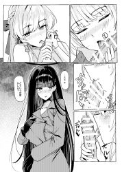  1boy 2girls alternate_costume alternate_hairstyle blue_archive blunt_bangs blush bow braid coat doodle_sensei_(blue_archive) gloves greyscale hair_behind_ear hair_bow hair_ornament hairclip halo highres long_hair looking_at_another monochrome multiple_girls open_mouth rio_(blue_archive) sensei_(blue_archive) shougun_(chuckni1) sweat toki_(blue_archive) trench_coat 