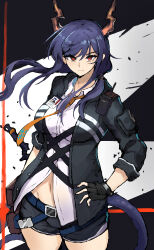  1girl absurdres arknights black_gloves black_shorts blue_hair breasts ch&#039;en_(arknights) collared_shirt commentary_request cowboy_shot dragon_girl dragon_horns dragon_tail fingerless_gloves gloves hair_between_eyes hand_on_own_hip highres horns id_card jacket large_breasts long_hair looking_at_viewer mutumijoruri navel necktie orange_necktie red_eyes shirt shorts solo tail white_shirt 