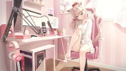  1girl absurdres animal_ears babupipi bare_legs barefoot between_legs blonde_hair bluedok_(o-ni) bow brown_eyes cat_ears cat_girl cat_tail chair closed_mouth collared_shirt commentary_request computer computer_keyboard computer_mouse dress_shirt gaming_chair hair_bow hand_between_legs headphones highres indie_virtual_youtuber indoors knee_up korean_commentary long_hair long_sleeves looking_at_viewer microphone monitor pink_theme ponytail shirt sitting smile solo studio_microphone swivel_chair tail thighs virtual_youtuber white_shirt 