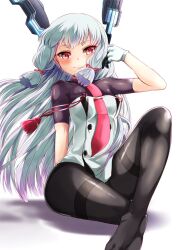  1girl black_pantyhose blush breasts floating_headgear gloves gradient_eyes headgear highres kantai_collection long_hair looking_at_viewer medium_breasts multicolored_eyes murakumo_(kancolle) murakumo_kai_ni_(kancolle) necktie no_shoes orange_eyes pantyhose red_eyes slit_pupils smile solo thighband_pantyhose toyo_(toyozine2009) undershirt very_long_hair white_hair 