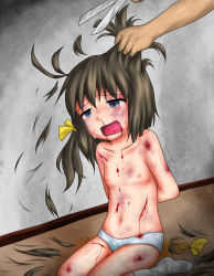  abuse aosora_(mizore) beaten black_hair blood blood_on_face blue_eyes bruise cuts cutting_hair feet flat_chest grabbing_another&#039;s_hair guro hair_ribbon injury loli male_hand navel nipples open_mouth panties peeing ribbon ryona scissors socks tears topless_female underwear white_legwear  rating:Explicit score:179 user:Wille