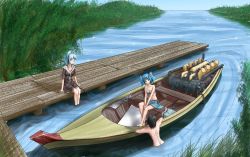  3girls ^_^ bad_link bare_legs bare_shoulders barefoot black_hair blue_eyes blue_hair boat butt_crack closed_eyes clothed_female_nude_female dark_haired_kappa day engine glasses glasses_kappa hater_(hatater) highres kappa_mob_(touhou) kawashiro_nitori legs_together medium_hair multiple_girls nature nude on_boat original outdoors partially_submerged pier ponytail sarashi sitting smile soaking_feet speedboat touhou twintails water watercraft 