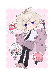 3boys :3 absurdres black_necktie black_pants black_shoes blonde_hair blush braid cake cardigan chibi chibi_inset closed_eyes closed_mouth collared_shirt commentary_request cream fang food fork fruit grid hair_between_eyes highres holding holding_fork holding_plate multiple_boys necktie open_mouth original outline pants pink_eyes pink_hair plate purple_cardigan purple_eyes rabbit seto_(setosan) shirt shoes short_hair single_hair_intake solo_focus strawberry u_u watermark white_hair white_shirt 