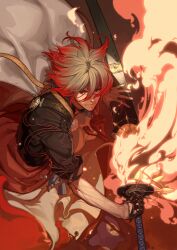  1boy belt black_gloves black_jacket brown_belt closed_mouth dynamic_pose fate/grand_order fate_(series) fighting_stance fire flaming_sword flaming_weapon game_cg gloves glowing glowing_sword glowing_weapon gradient_hair grey_hair hair_between_eyes half_gloves hand_to_blade hidari_(left_side) high_collar holding holding_sword holding_weapon jacket looking_to_the_side male_focus multicolored_hair official_art onikiri_yasutsuna_(fate) red_eyes red_hair short_hair shoulder_belt single_glove solo sword third-party_source watanabe_no_tsuna_(fate) weapon 