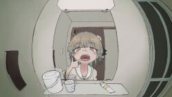  1girl bathroom brown_eyes door female_pov finger_in_own_mouth fisheye flower grey_hair hair_flower hair_ornament hatoba_tsugu indoors looking_at_mirror mirror mole mole_under_eye mouth_pull open_mouth pov reflection reflection_focus rose sailor_collar shiraichigo short_hair solo teeth tongue toothpaste tsugu_(vtuber) virtual_youtuber white_flower white_rose white_sailor_collar 