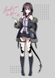  1girl absurdres au_ra bare_legs bare_shoulders belt black_boots black_bow black_coat black_hair black_horns black_scales black_shoes black_tail boots bow closed_mouth coat commission commissioner_insert commissioner_name dragon_girl dragon_horns dragon_tail final_fantasy final_fantasy_xiv full_body fur_trim hair_bow hand_in_pocket hand_up highres horns jacket legs long_hair long_sleeves miniskirt momotrtr10 off_shoulder open_clothes open_jacket original paw_print pink_hair scales shizuna_kurogane shoes simple_background skeb_commission skirt smile solo standing tail thank_you thigh_strap thighs warrior_of_light_(ff14) 