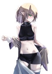  1girl 4rdilla absurdres bike_shorts black_shorts black_sports_bra blonde_hair blush breasts brown_shirt closed_mouth commentary cowboy_shot embarrassed english_commentary frown green_eyes half_updo high_ponytail highres looking_at_viewer looking_to_the_side medium_breasts midriff mizuhashi_parsee navel pointy_ears ponytail shirt short_hair short_ponytail shorts simple_background solo sports_bra touhou undressing white_background 
