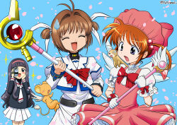  3girls absurdres antenna_hair black_hair blush bow brown_hair cardcaptor_sakura circle_skirt commentary_request cosplay costume_switch crossover daidouji_tomoyo dress ferret fuuin_no_tsue genre_connection gloves hair_ornament hair_ribbon hairband hat highres holding holding_staff holding_wand kero_(cardcaptor_sakura) kinomoto_sakura kinomoto_sakura_(cosplay) kinomoto_sakura_(magician) long_hair long_sleeves lyrical_nanoha magical_girl mahou_shoujo_lyrical_nanoha multiple_girls open_mouth pink_hat purple_eyes raising_heart raising_heart_(device_mode) ribbon school_uniform shirt short_hair skirt smile staff sweatdrop takamachi_nanoha takamachi_nanoha_(cosplay) takamachi_nanoha_(original_mode) tomoeda_elementary_school_uniform twintails two-handed wand white_gloves wings yu_hirasaki yuuno_scrya 