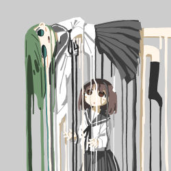  2girls :o aqua_eyes black_ribbon black_socks blush_stickers brown_eyes brown_hair d: floating green_hair grey_background grey_sailor_collar grey_skirt hand_up hands_up highres kneehighs long_sleeves looking_at_another looking_at_viewer looking_up melting multiple_girls neck_ribbon no_lineart no_nose no_shoes open_mouth original outstretched_arm parted_bangs pleated_skirt ribbon sailor_collar school_uniform serafuku shirt short_hair simple_background skirt sleeves_past_wrists socks surreal tareme tsukumizu_yuu white_shirt  rating:Sensitive score:15 user:danbooru