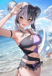  1girl absurdres alternate_costume alternate_hairstyle arm_strap arm_up armpits beach bikini black_bikini black_eyeliner black_hair black_nails blush bracelet breasts cleavage cleavage_cutout clothing_cutout commentary_request day double_bun eyeliner fingernails hair_bun highres holding holding_swim_ring hololive hololive_english innertube jewelry korean_commentary large_breasts looking_at_viewer makeup multicolored_hair nail_polish navel ocean open_mouth outdoors purple_bikini salute shiori_novella shuvi_(shuvi1125) smile solo streaked_hair swim_ring swimsuit transparent_innertube two-tone_hair virtual_youtuber white_hair yellow_eyes 