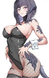  1girl adventurer_(ff14) au_ra bare_shoulders black_hair black_leotard black_scales black_tail black_thighhighs blunt_bangs blush breasts cleavage covered_navel dragon_girl dragon_horns dragon_tail final_fantasy final_fantasy_xiv fishnet_pantyhose fishnets groin highres horns leotard looking_at_viewer medium_breasts pantyhose parted_lips purple_eyes short_hair skindentation strapless strapless_leotard tail thighhighs torisanff14 warrior_of_light_(ff14) wrist_cuffs 