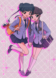  2girls :d alternate_costume bag black_hair black_necktie blazer braid braided_bun brown_eyes brown_hair brown_shoes cardcaptor_sakura collared_shirt daidouji_tomoyo double_bun full_body grey_background grey_jacket hair_bun highres jacket kneehighs li_meiling loafers long_sleeves looking_at_viewer multiple_girls necktie nzeneee open_mouth page_number red_eyes school_bag school_uniform shirt shoes smile socks standing standing_on_one_leg tomoeda_high_school_uniform twintails w white_shirt white_socks wing_collar 