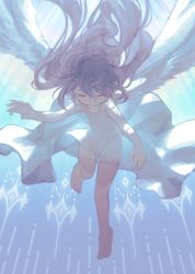  1girl angel angel_wings barefoot dress closed_eyes feathered_wings female_focus flying long_hair original sleeveless sleeveless_dress solo tekitoamt_(amati) toes white_dress wind wind_lift wings  rating:Sensitive score:12 user:Dweenie