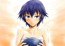  1girl atlus bare_shoulders blue_eyes blue_hair blush breasts budget_sarashi newsboy_cap embarrassed female_focus hat looking_at_viewer matching_hair/eyes persona persona_4 sarashi segami_daisuke shirogane_naoto short_hair solo tears  rating:Sensitive score:15 user:danbooru
