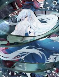  2girls aged_down bamboo bamboo_forest blue_dress blue_hair blue_hat bow closed_eyes commentary_request dress ex-keine flashback footwear_bow forest full_moon gears hair_ribbon hand_on_another&#039;s_head hat hat_ribbon highres hug kamishirasawa_keine long_hair moon multiple_girls multiple_views nature red_bow red_eyes red_moon red_ribbon renge_kanatsuki ribbon scroll tearing_up touhou white_hair 