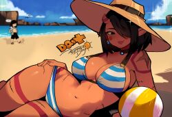  1boy 1girl absurdres alt_text artist_collaboration ball beach beachball bikini black_eyes black_hair black_swim_trunks blue_bikini blue_gemstone blue_sky blush_stickers body_markings breasts choker cleavage colored_skin commentary copyright_name cross_scar day dragon_quest dragon_quest_x earrings english_commentary gem grey_jacket hair_over_one_eye hand_on_own_hip hat highres horns jacket jewelry looking_to_the_side lunchiblz lying medium_hair midriff munchiez_0 navel ogre_(dq10) on_side original outdoors pointy_ears red_skin scar scar_on_shoulder sideboob single_earring sky smile solo_focus sparkle sphere_earrings stitched_leg stitches striped_bikini striped_clothes summer sun_hat swimsuit water white_bikini 