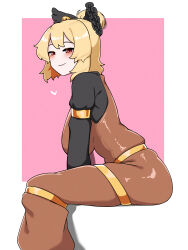  1girl absurdres black_bow black_shirt blonde_hair blush bow breasts brown_dress commentary_request dress feet_out_of_frame hair_bow hair_bun highres kurodani_yamame large_breasts leaning_forward long_dress long_sleeves looking_at_viewer looking_to_the_side open_mouth pinafore_dress pink_background red_eyes rinyamame shirt simple_background single_hair_bun sitting sleeveless sleeveless_dress smile solo touhou two-tone_background 